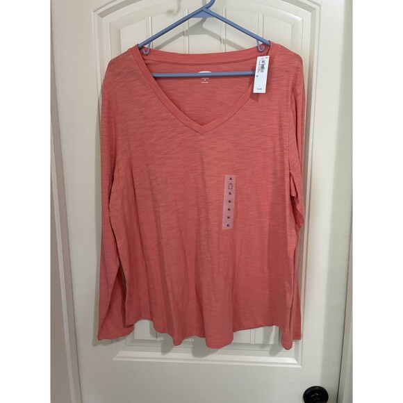 Old Navy Womens Size XL CORAL V Neck Every Wear Long-Sleeve T-Shirt NWT - Picture 1 of 2